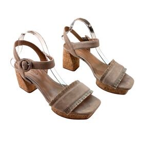 Bernardo Suede Cork Block Heel Sandals Sz 11M Taupe Ankle Strap‎ Fringe Trim